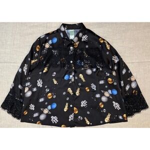 IL The Delle 5 Women Black Space Celestial Lace Trim Satin Blouse IT 44 US M/L